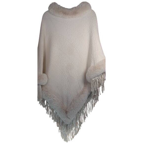 Elegant Knit Poncho Shawl Wrap with Faux Fur Collar & Tassel Hem Cozy One Size - Picture 1 of 9
